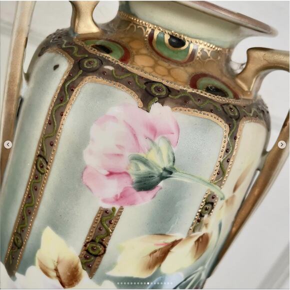 Antique Imperial Nippon Moriage Wild Rose Vase Hand Painted Triple Handle - Picture 7 of 10